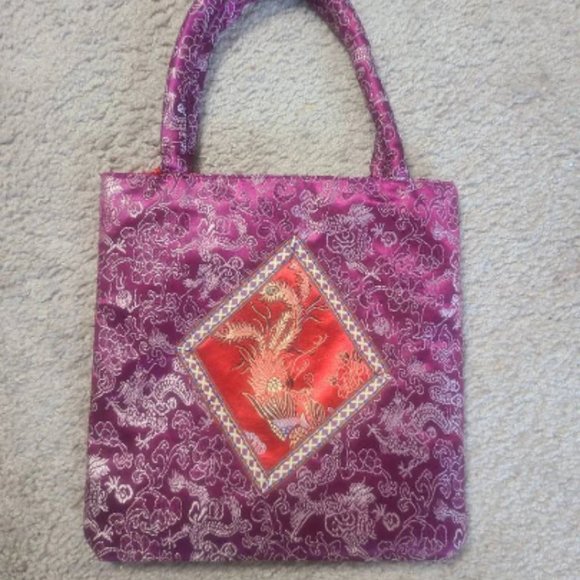 Vintage Asian Satin Brocade Purse, Satin Handbag with Embroidery - Picture 5 of 10